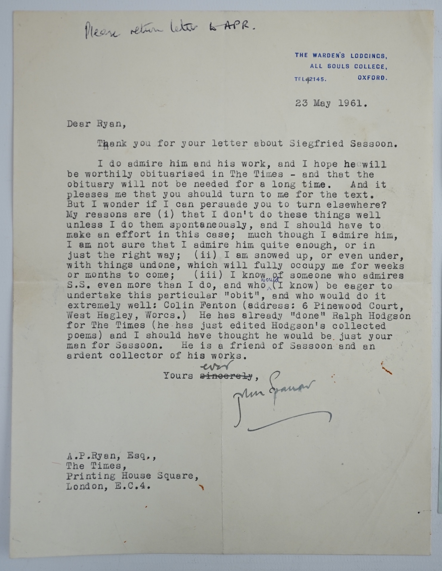 Edmund Blunden (1896-1974), English Poet, Author and Critic who, like his friend Siegfried Sassoon, wrote of his experiences during World War I in both verse and prose. A.L.S., E. Blunden, one page, 8vo